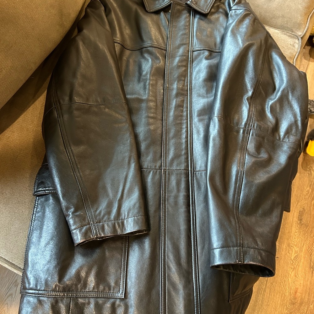 Men’s black leather coat.